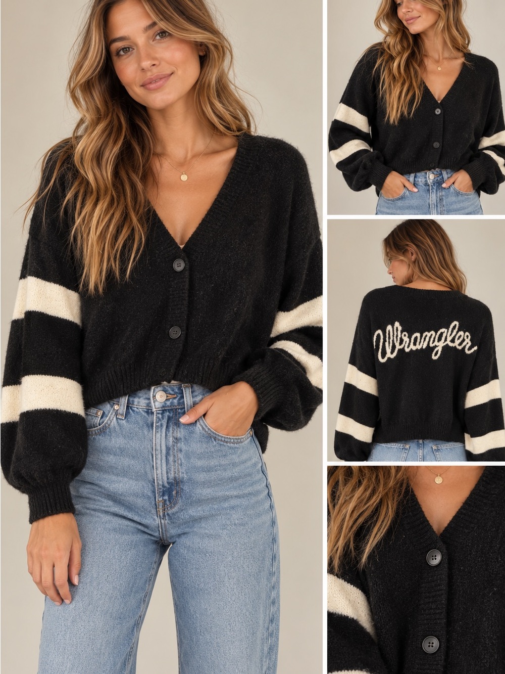 Wrangler Black and Cream Striped V-Neck Button Cardigan